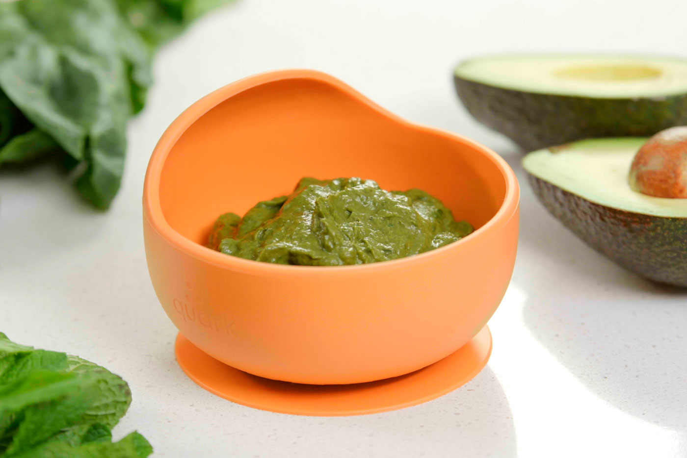 Quark Baby Quook green purée with spinach, avocado and mint for baby weaning recipes.