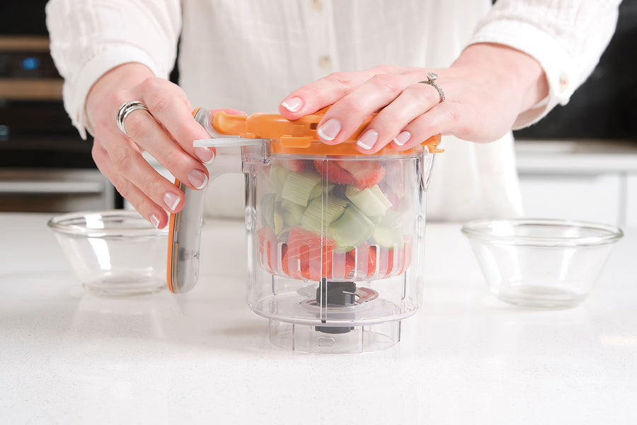 Quark Baby food processor with fresh vegetables and strawberries for homemade baby food preparation.