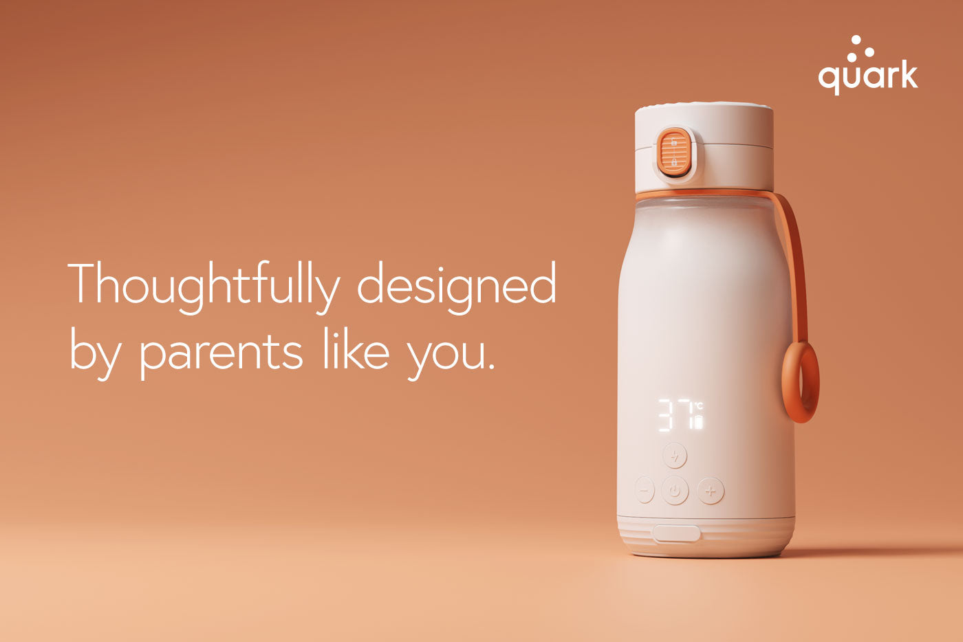 Quark Baby BuubiBottle hybrid feeding system bottle with temperature display and control buttons.