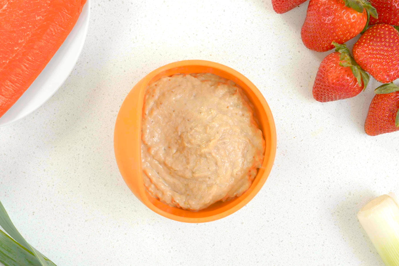 Strawberry, salmon & leek purée