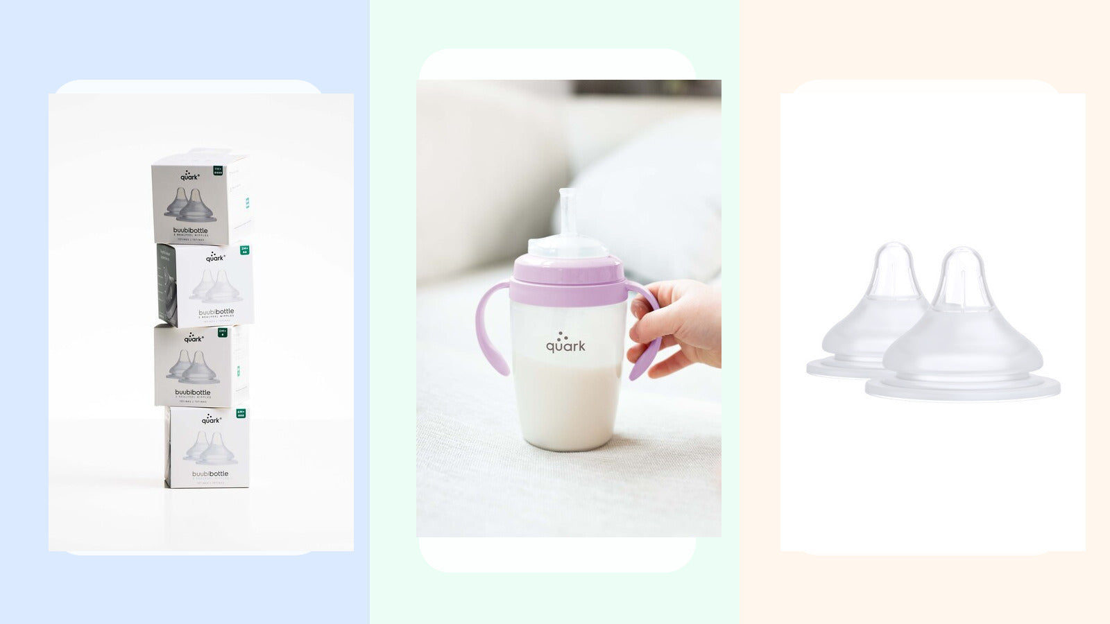 Quark Baby feeding product photos arranged for a glass silicone and plastic baby bottle material comparison