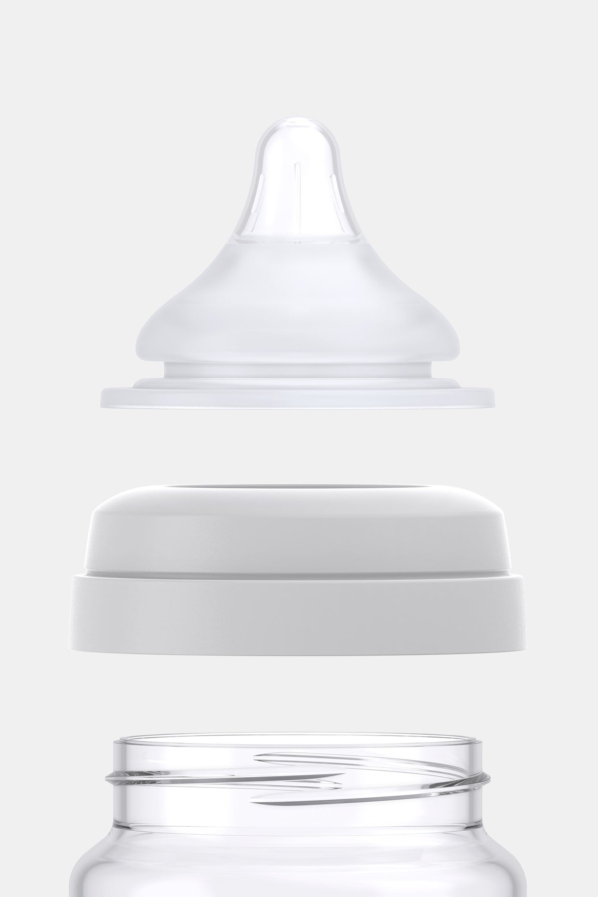 BuubiBottle Mini 5oz newborn bottle disassembled — anti-colic nipple, collar ring, and shatterproof Grilamid TR-90 body for easy cleaning