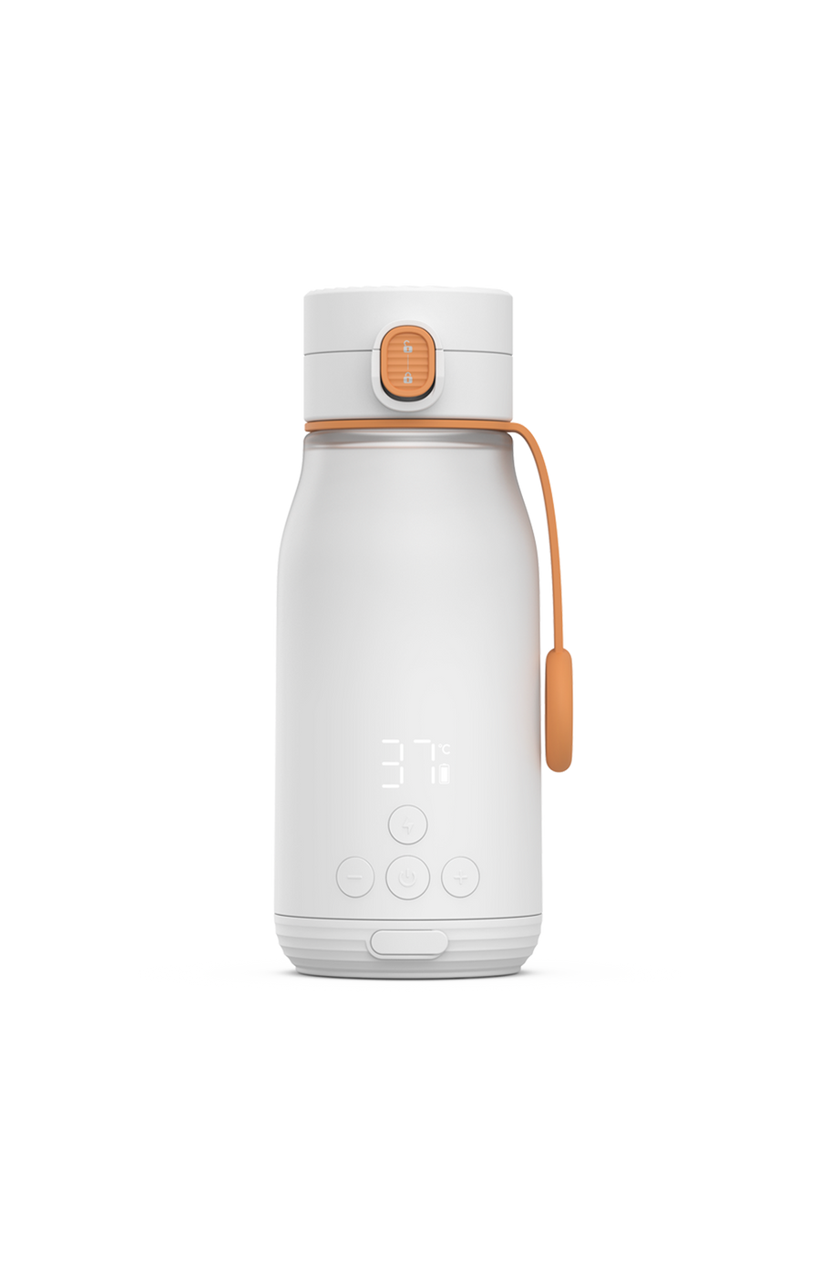 BuubiBottle Smart Portable Milk Warmer — white USB-C rechargeable travel bottle warmer with digital temperature display and orange control buttons