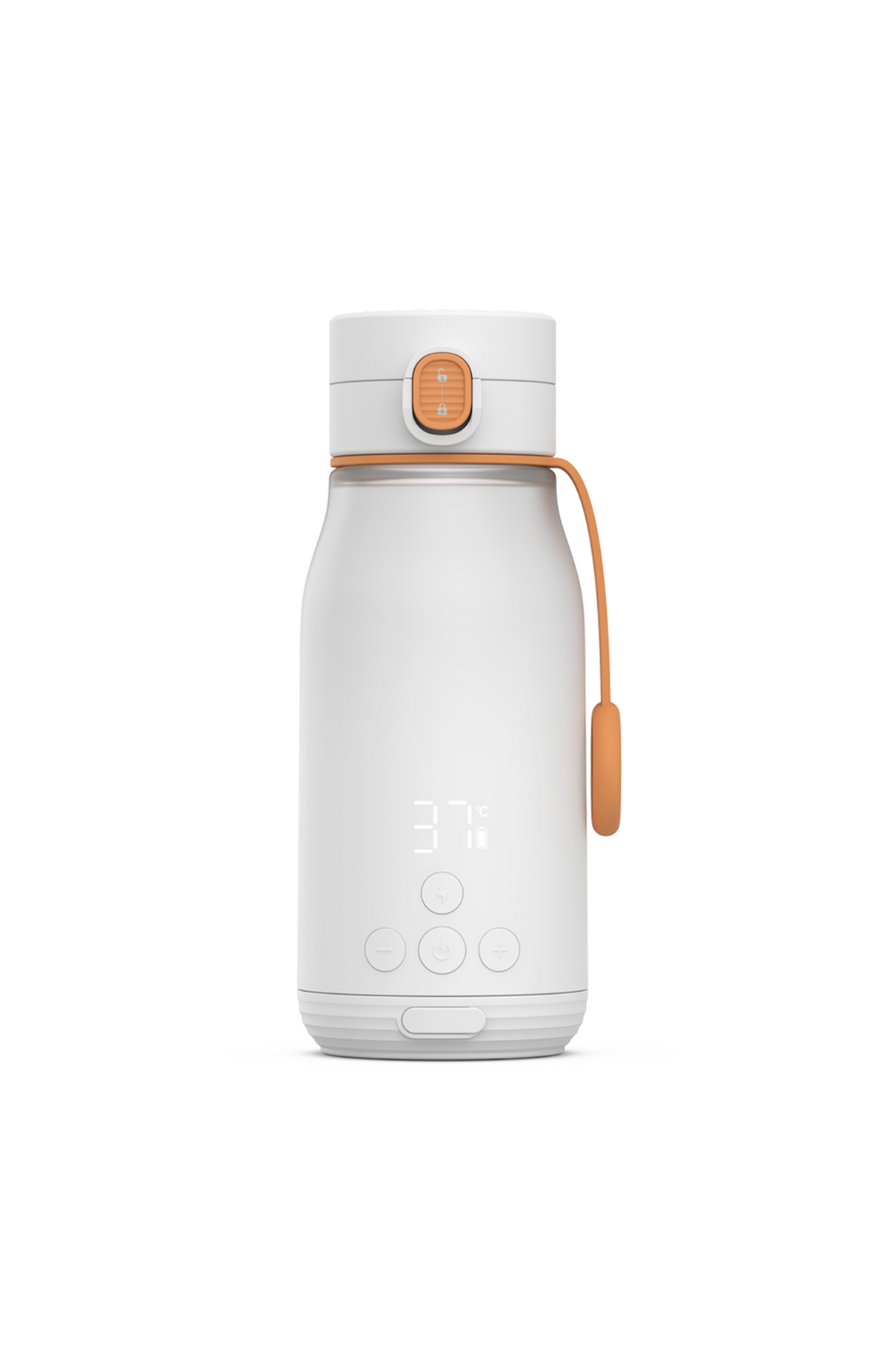 BuubiBottle Smart Portable Milk Warmer — white USB-C rechargeable travel bottle warmer with digital temperature display and orange control buttons