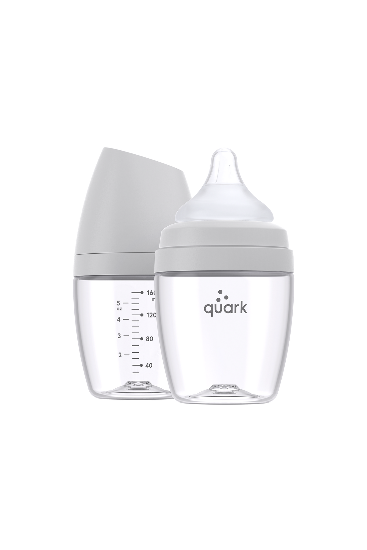 BuubiBottle Mini 5oz newborn feeding bottle in grey — shatterproof Swiss Grilamid TR-90 with breast-shaped RealFeel nipple and measurement markings