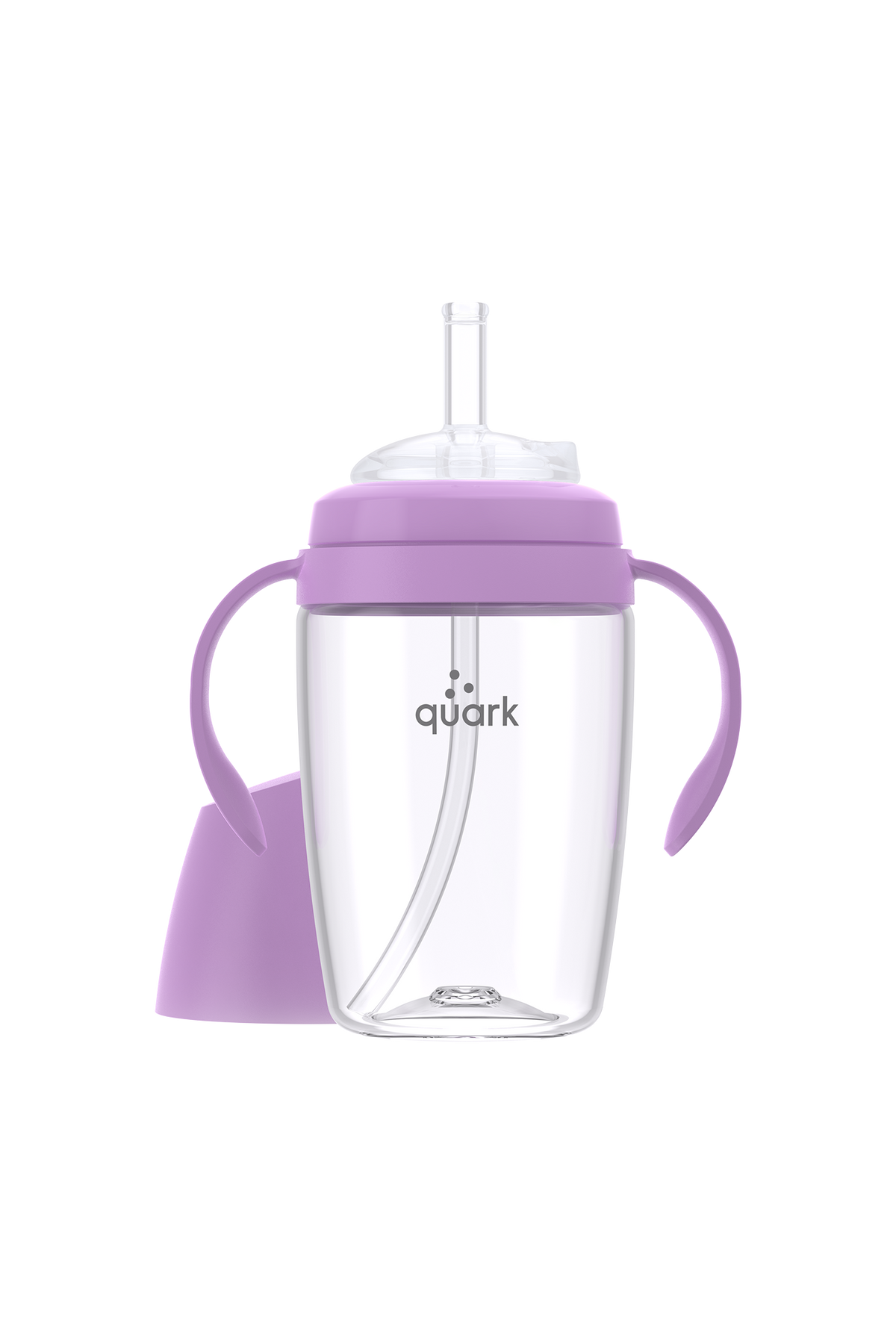 Quark BuubiBottle Sip purple sippy cup with clear body, purple silicone sleeve, dual handles, and straw spout