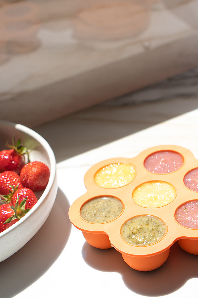 Quark Chiill silicone freezer tray with colorful portions beside fresh strawberries for baby food storage