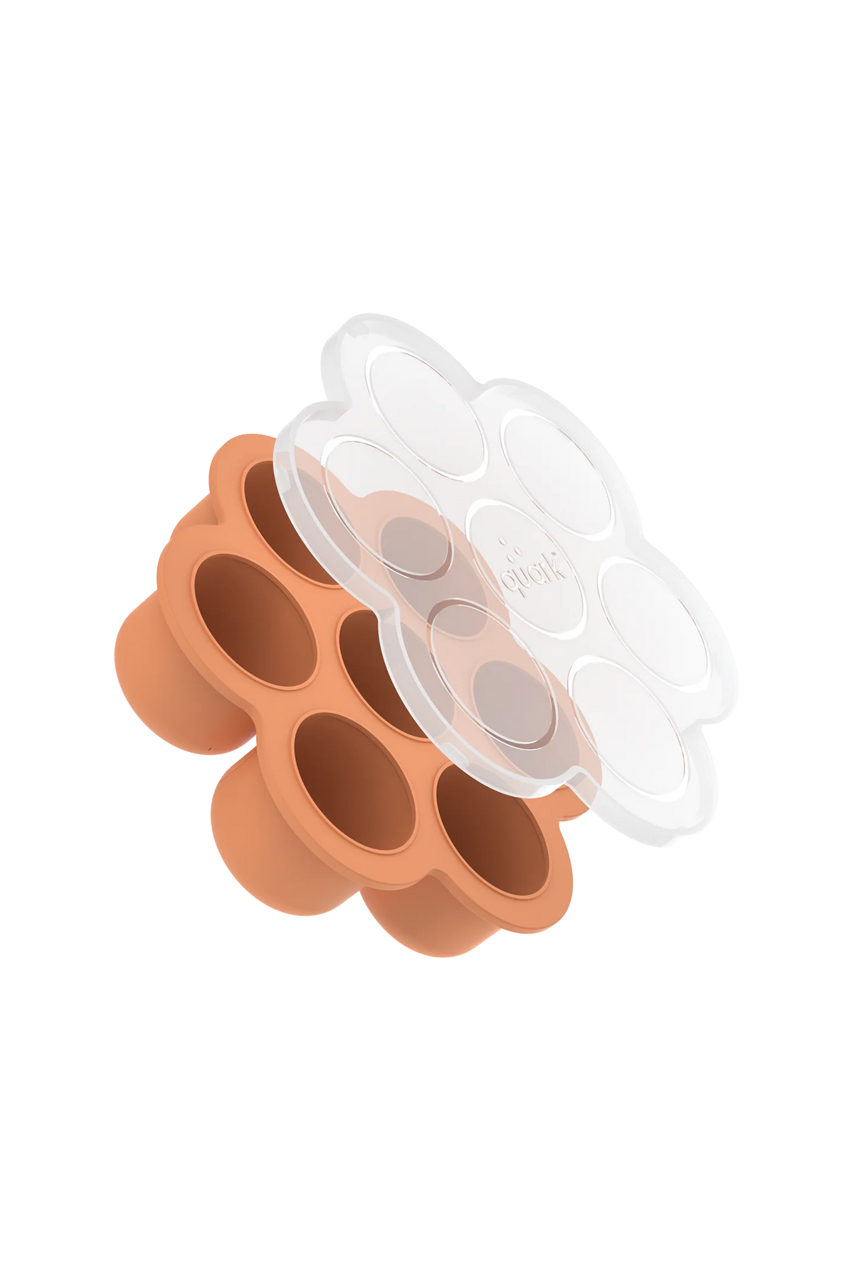 Quark Chiill silicone freezer tray in peach with transparent lid, showing multiple circular compartments and removable cover.