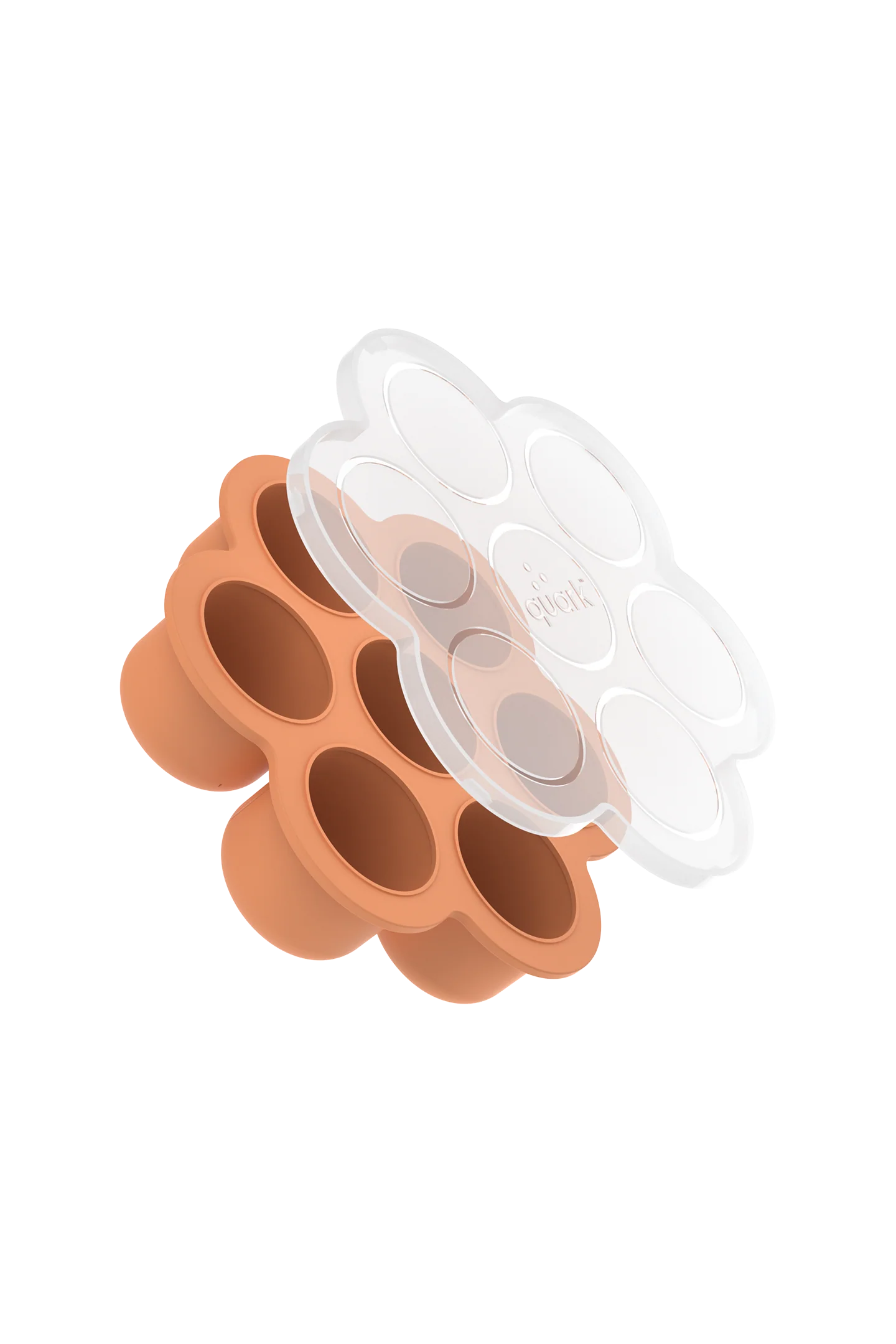 Quark Chiill silicone freezer tray in peach with transparent lid, showing multiple circular compartments and removable cover.