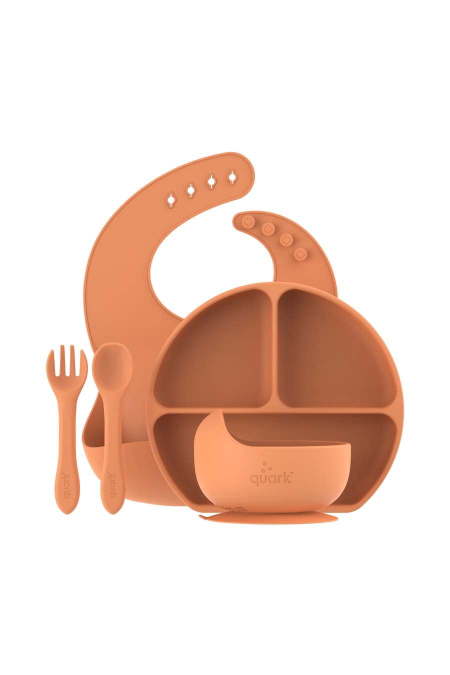 Feedi 5-piece silicone baby dining set in orange — suction bowl, compartment plate, spoon, fork and bib for toddler mealtime
