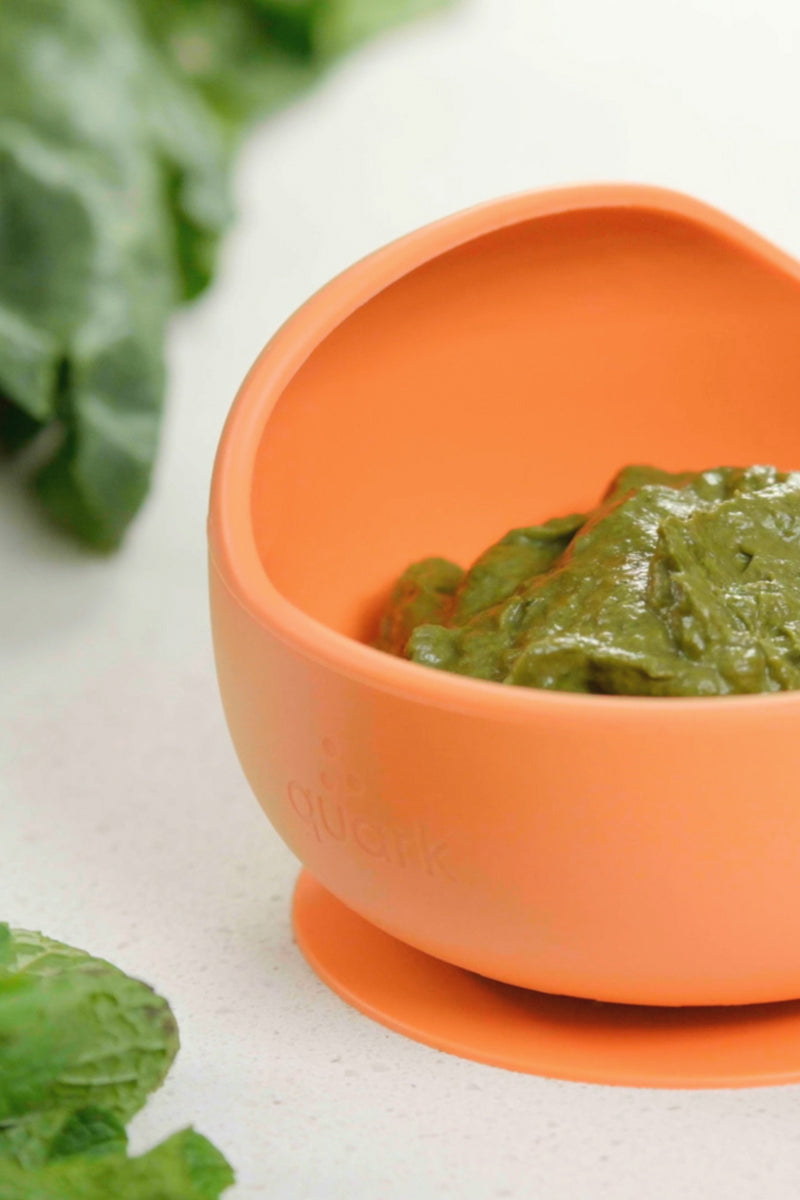 Feedi orange silicone suction bowl filled with green baby purée surrounded by mint — food-grade silicone toddler bowl for baby-led weaning