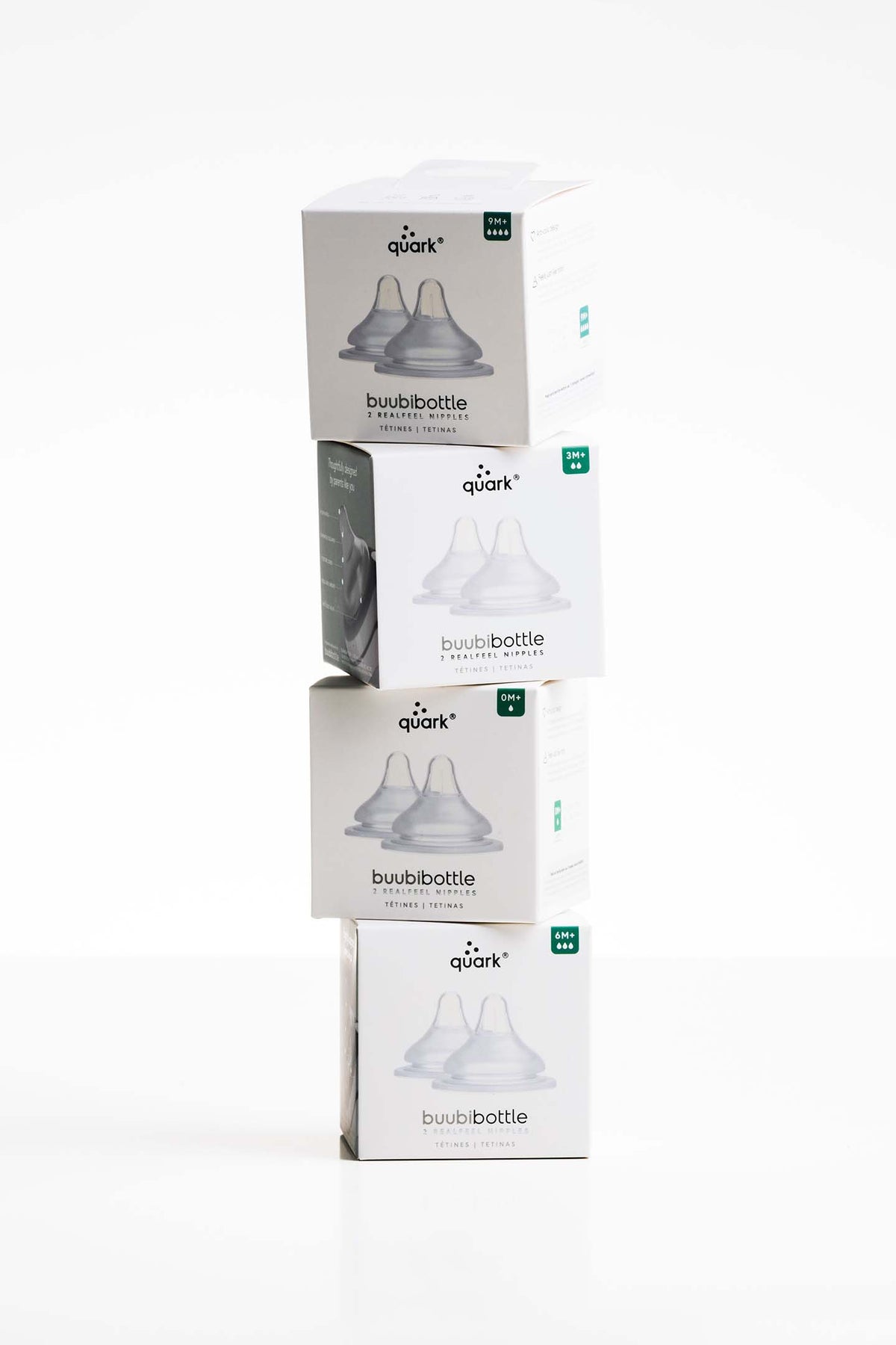 RealFeel bottle nipple flow rate stages — slow (0M+), medium (3M+), fast (6M+), flex variable flow packaging for BuubiBottle