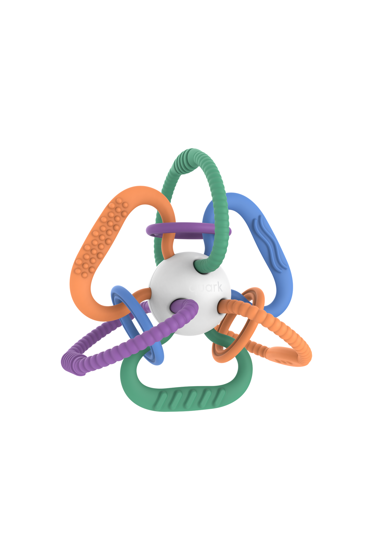 Quark Thiingy colorful sensory teether with textured rings and handles, hero shot