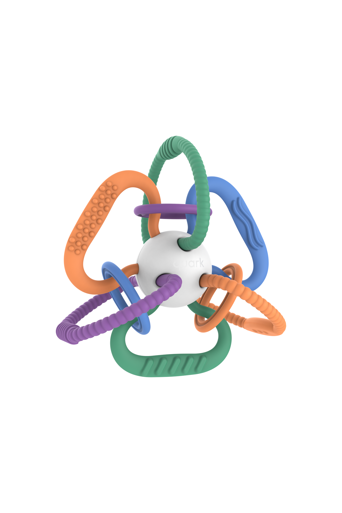 Quark Thiingy colorful sensory teether with textured rings and handles, hero shot