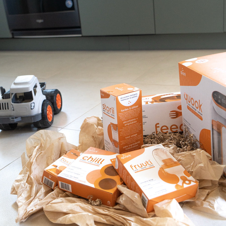 Quark baby feeding product range in packaging: Quook, Feedi, Storii, Chiill, Fruuti and Foxii
