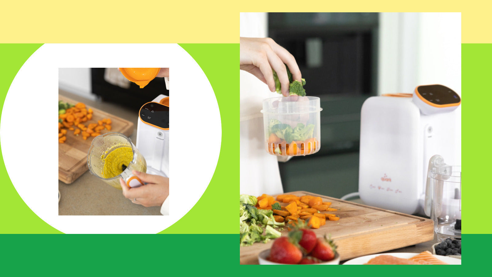 Quark Baby Quook product photo arranged for vegetables fruit meat and grains baby food maker use