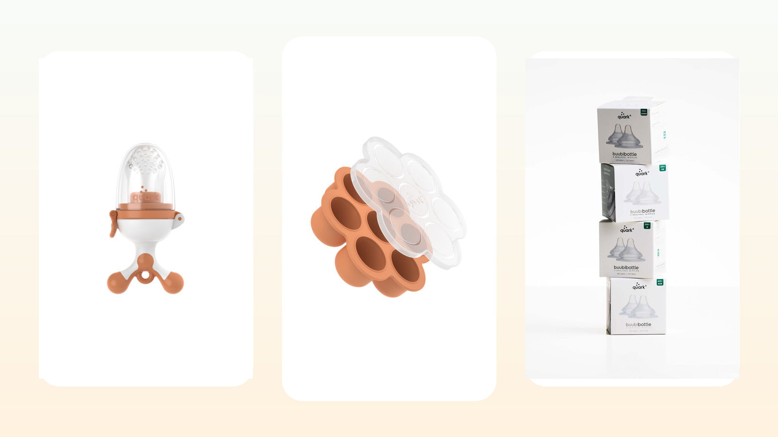 Quark Baby standalone product photos of Fruuti Chiill and RealFeel silicone feeding parts for material safety checks