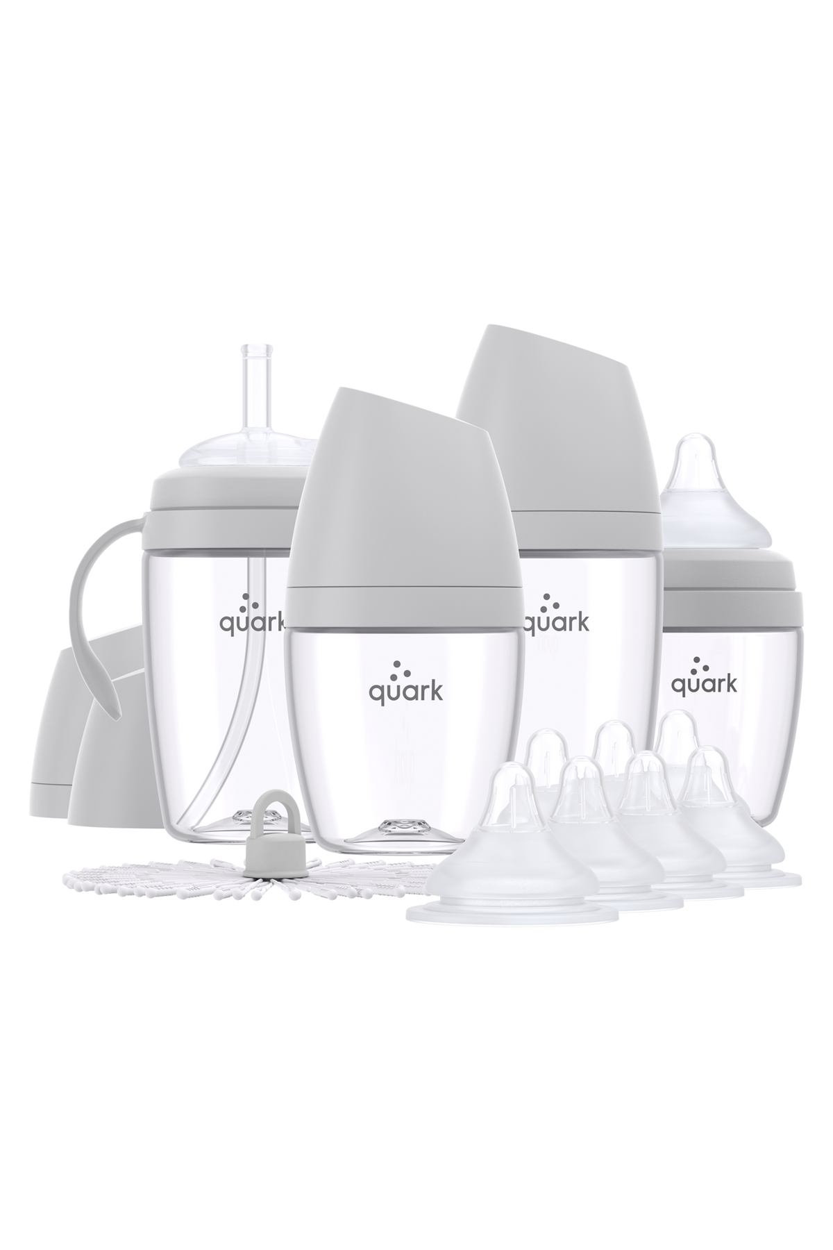 BuubiBottle Starter Set in grey — 5oz Mini and 8oz Max shatterproof newborn baby bottles with 8 anti-colic nipples bundle