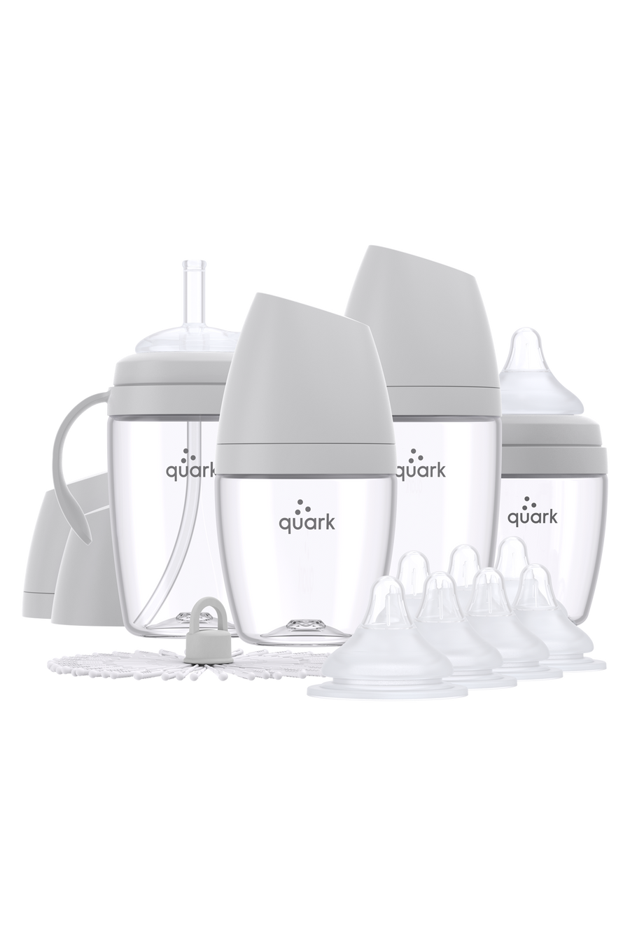 BuubiBottle Starter Set in grey — 5oz Mini and 8oz Max shatterproof newborn baby bottles with 8 anti-colic nipples bundle