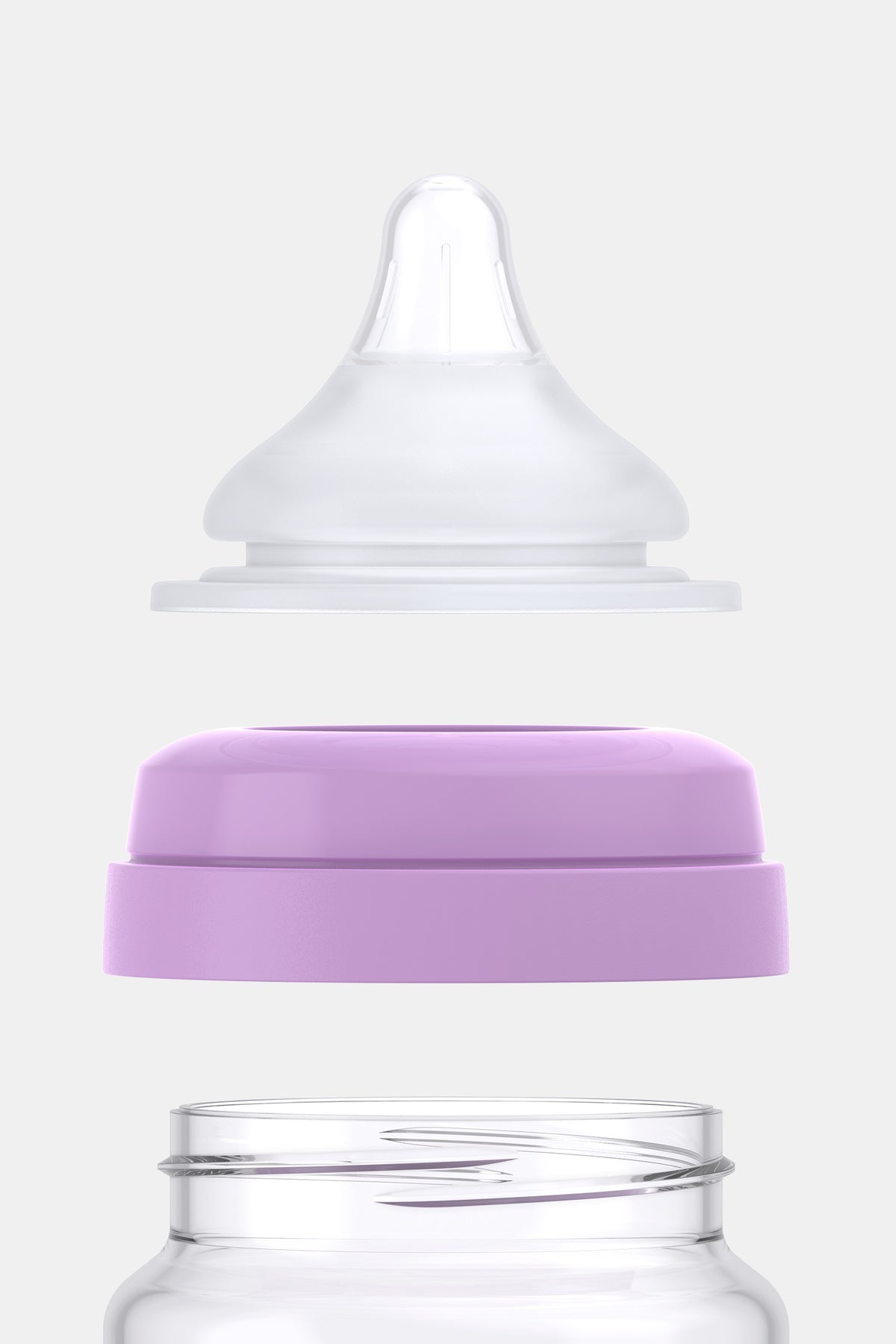 Quark BuubiBottle Mini purple bottle components in exploded view showing nipple, collar rings, and base