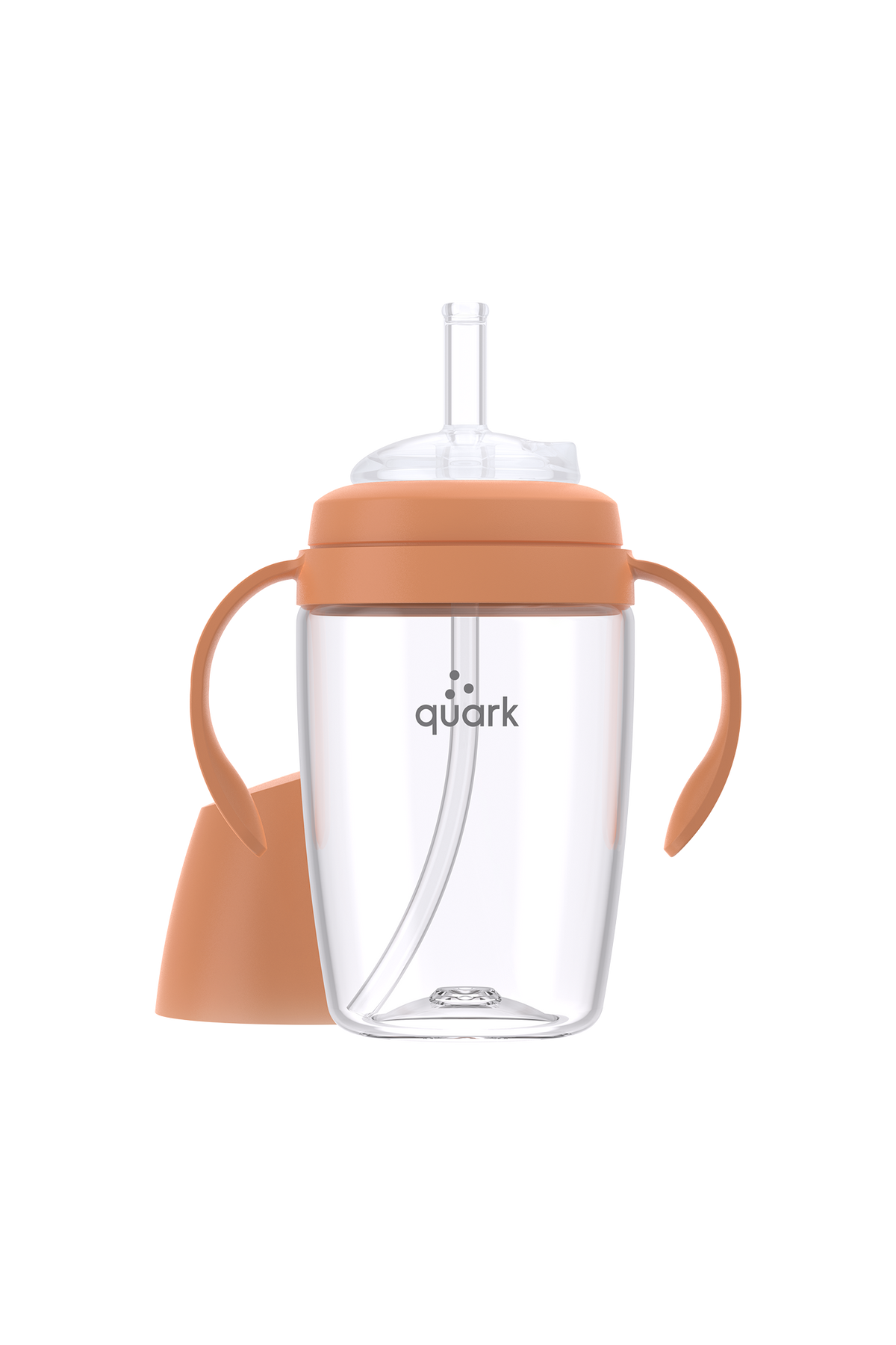 Quark BuubiBottle Sip orange sippy cup with soft handles, clear bottle, and attached straw for toddlers