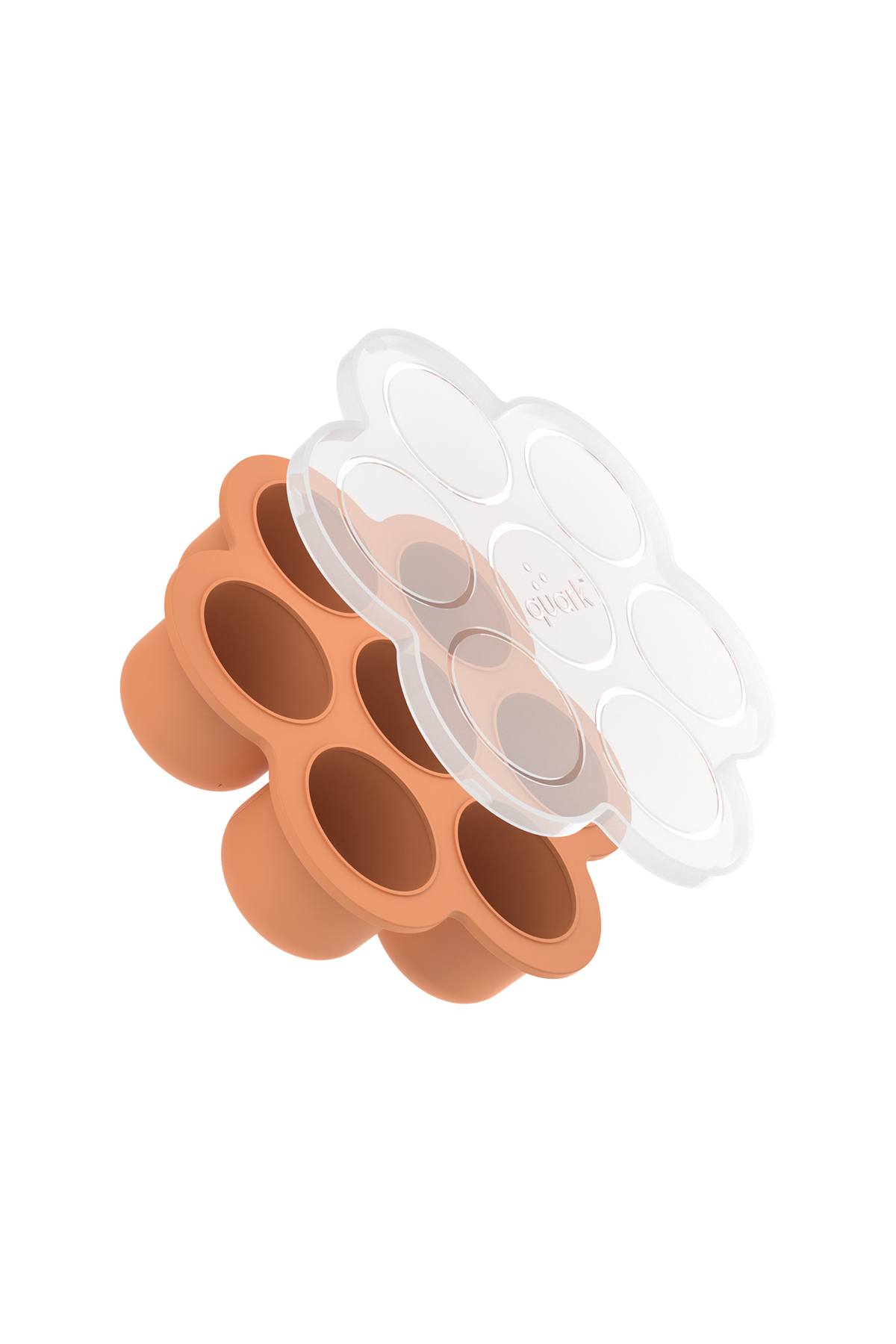 Quark Chiill silicone freezer tray in peach with transparent lid, showing multiple circular compartments and removable cover.