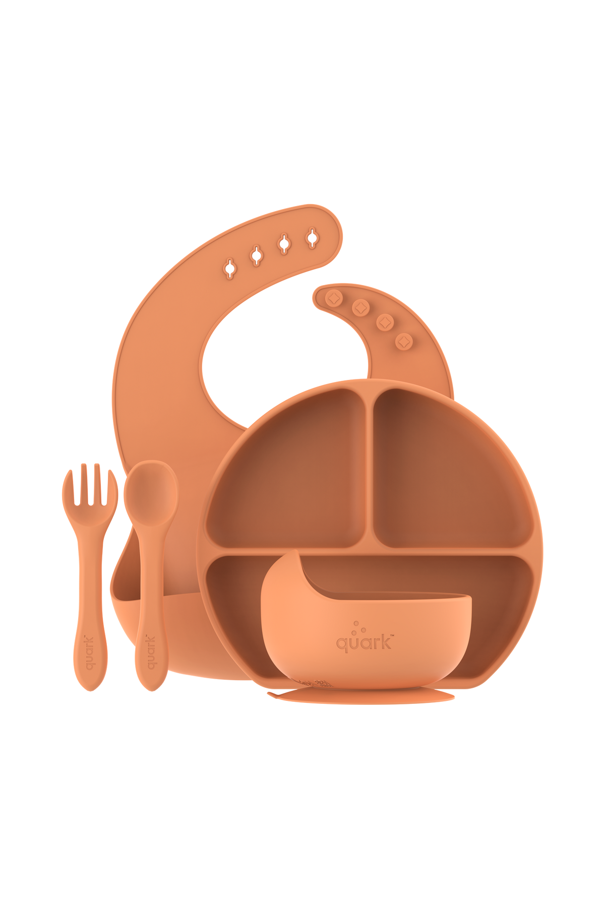 Feedi 5-piece silicone baby dining set in orange — suction bowl, compartment plate, spoon, fork and bib for toddler mealtime