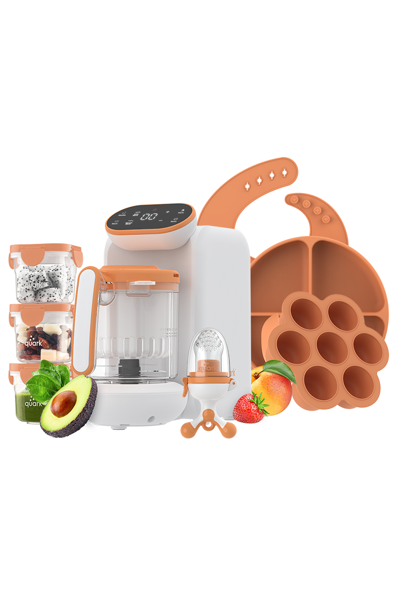 Quark Feeding Essentials Bundle with baby food maker, storage containers, dining set, and fruit feeder.