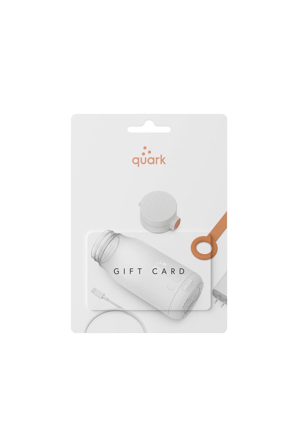 Quark gift card packaging with baby products in white and copper tones
