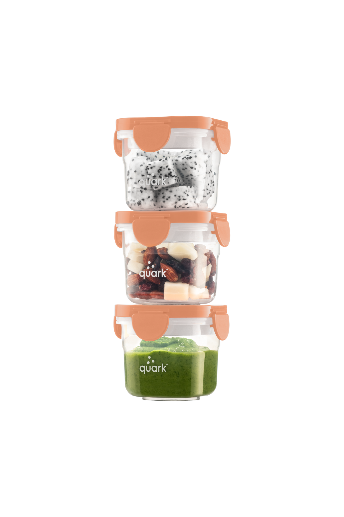 Quark Storii 3-pack stacked baby food storage containers with clip-in ice packs hero shot