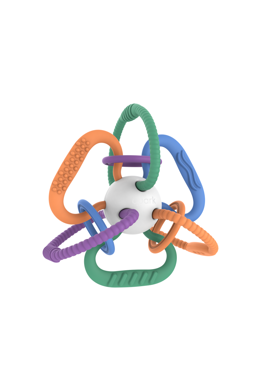 Quark Thiingy colorful sensory teether with textured rings and handles, hero shot